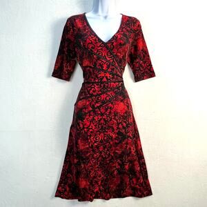 Flattering Sexy Black & Red Pattered V-Neck Faux Wrap Stretch Dress Size 6